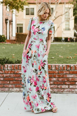 Short Sleeve Floral Maxi Dress - Mint