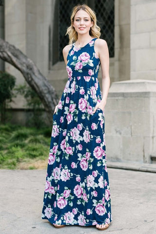 Garden Party Maxi Dress - Navy with Lavender Flowers