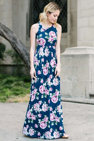 Garden Party Maxi Dress - Navy with Lavender Flowers