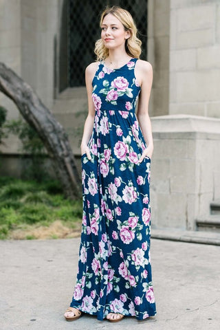 Garden Party Maxi Dress - Navy with Lavender Flowers