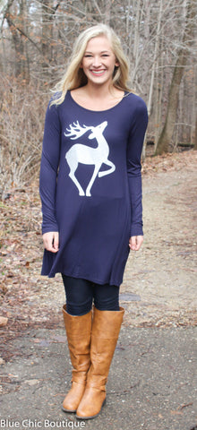 Fly to the Sky Glitter Reindeer Tunic Top - Navy - Blue Chic Boutique
 - 1