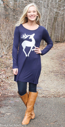 Fly to the Sky Glitter Reindeer Tunic Top - Navy - Blue Chic Boutique
 - 2