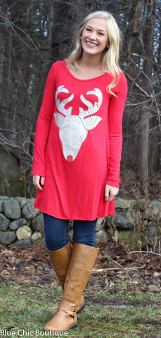Glitter Reindeer Tunic - Red - Blue Chic Boutique
 - 1