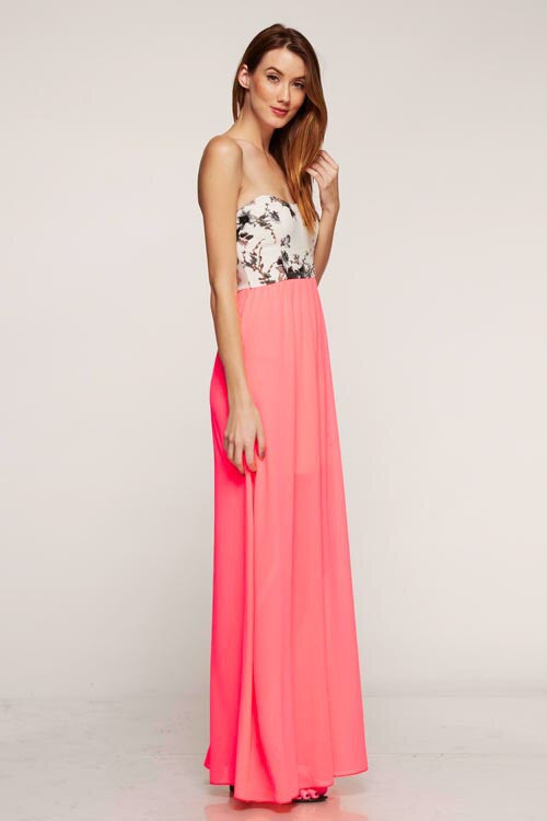 casual coral maxi dress Coral maxi dress for woman in floral print, deep v neck dress, long boho dress, frill dress, dress for vacation, resort, bridesmaid, prom