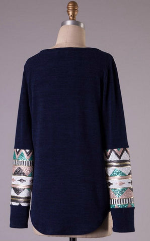 Sequin Sleeved Tunic Top with Pocket - Navy - Blue Chic Boutique
 - 2