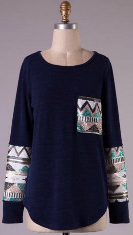 Sequin Sleeved Tunic Top with Pocket - Navy - Blue Chic Boutique
 - 1