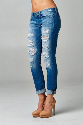 Distressed Boyfriend Rolled Up Jeans - Blue Chic Boutique
 - 2