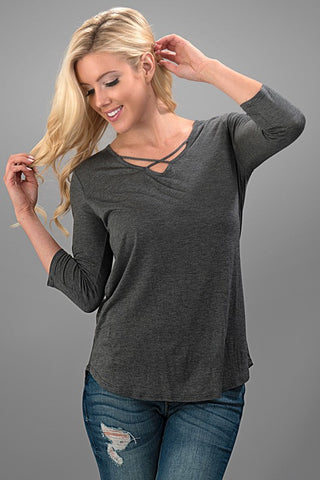 Criss Cross 3/4 Sleeve Top - Light Gray - Blue Chic Boutique
 - 3