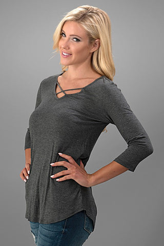 Criss Cross 3/4 Sleeve Top - Light Gray - Blue Chic Boutique
 - 2