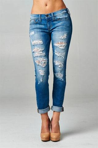 Distressed Boyfriend Rolled Up Jeans - Blue Chic Boutique
 - 1