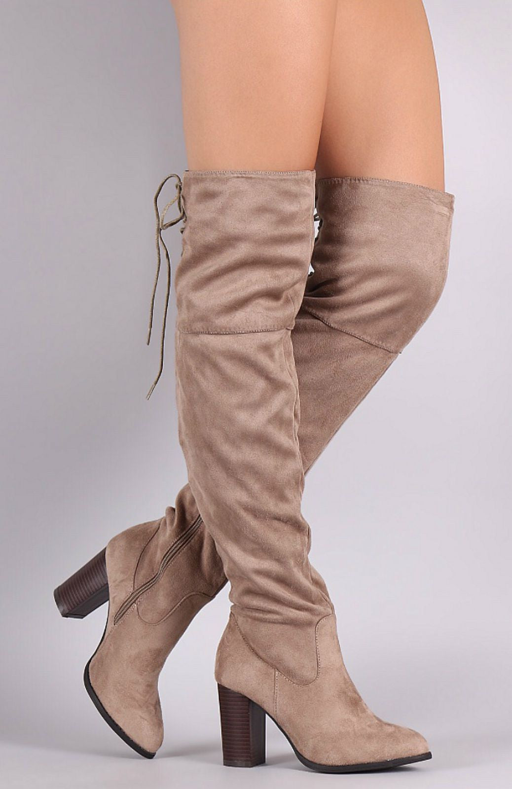 Over the Knee Lace Up Boots with Heel Taupe Blue Chic Boutique